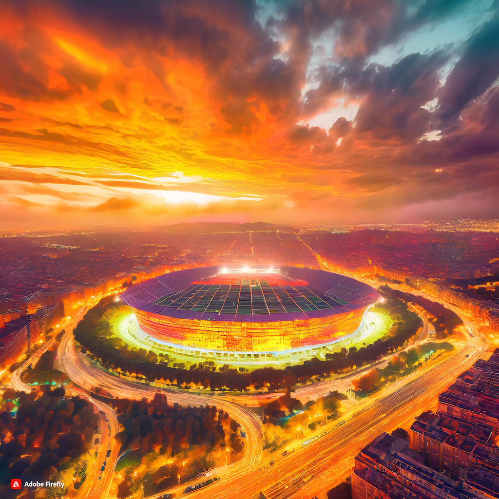  Firefly From Dusk til Dawn, Barcelona Soccer Stadium, bright clouds, with vibrant streets
